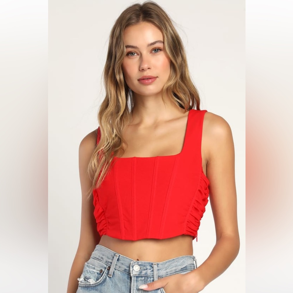 Always Fabulous Red Ruched Corset Sleeveless Crop Top